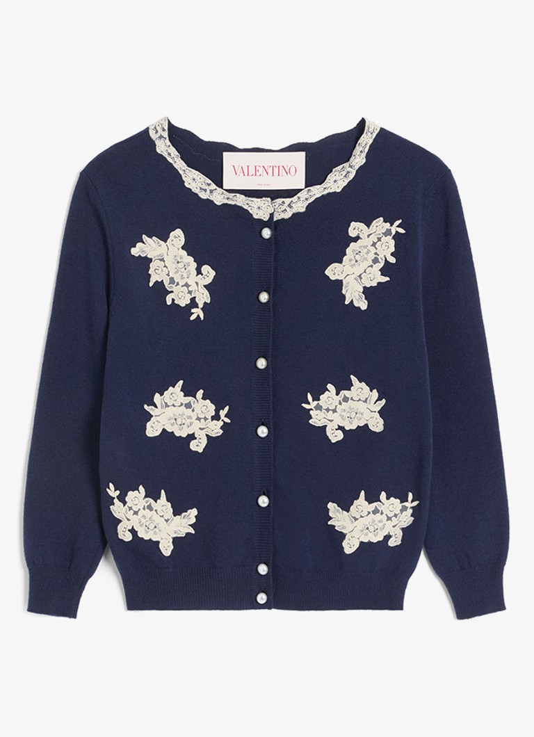 Valentino Garavani Dames Fijngebreid vest van scheerwol met details van kant in de kleur Donkerblauw