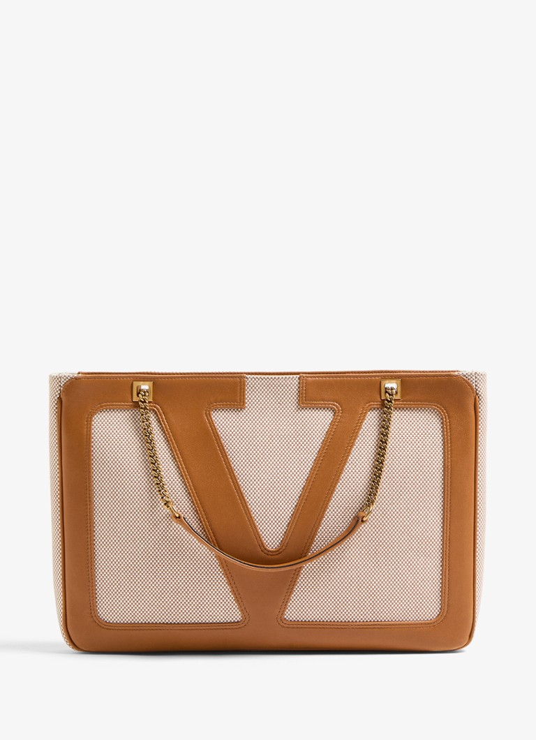 Valentino Garavani Dames Viva Superstar Medium schoudertas van canvas met lamsleren details in de kleur Camel