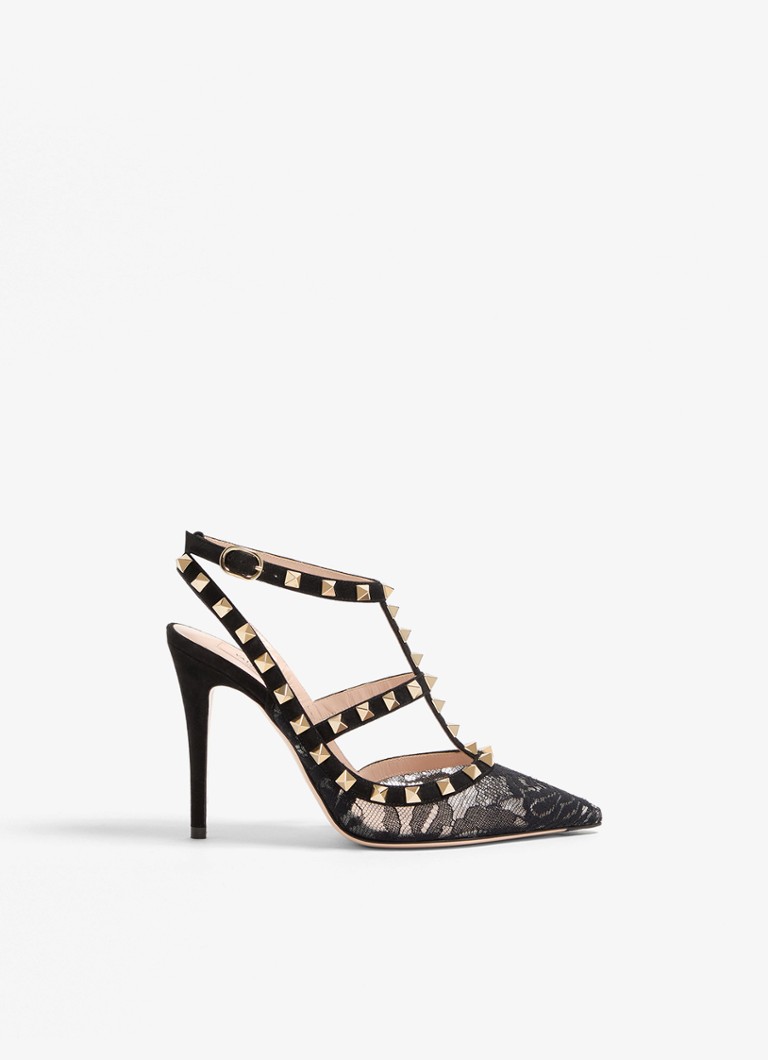 Valentino Garavani Dames Rockstud sandalette van geitensuède met kant in de kleur Zwart