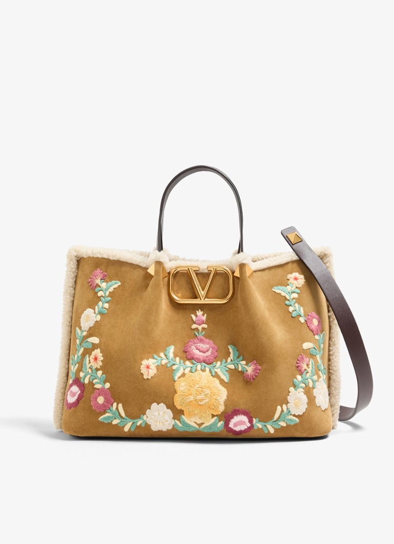 Valentino Garavani Dames Shopper van kalfssuède met bloemborduring in de kleur Camel