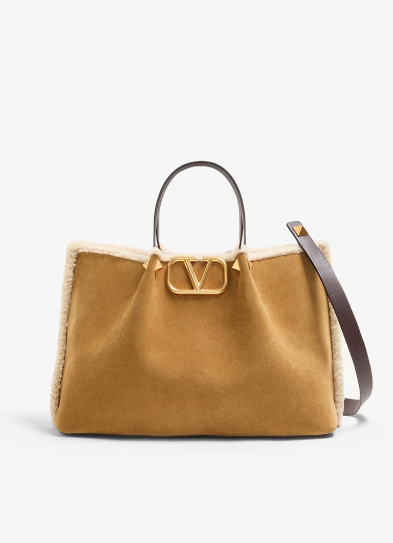 Valentino Garavani Dames Medium shopper van kalfssuède met schapenvacht in de kleur Camel