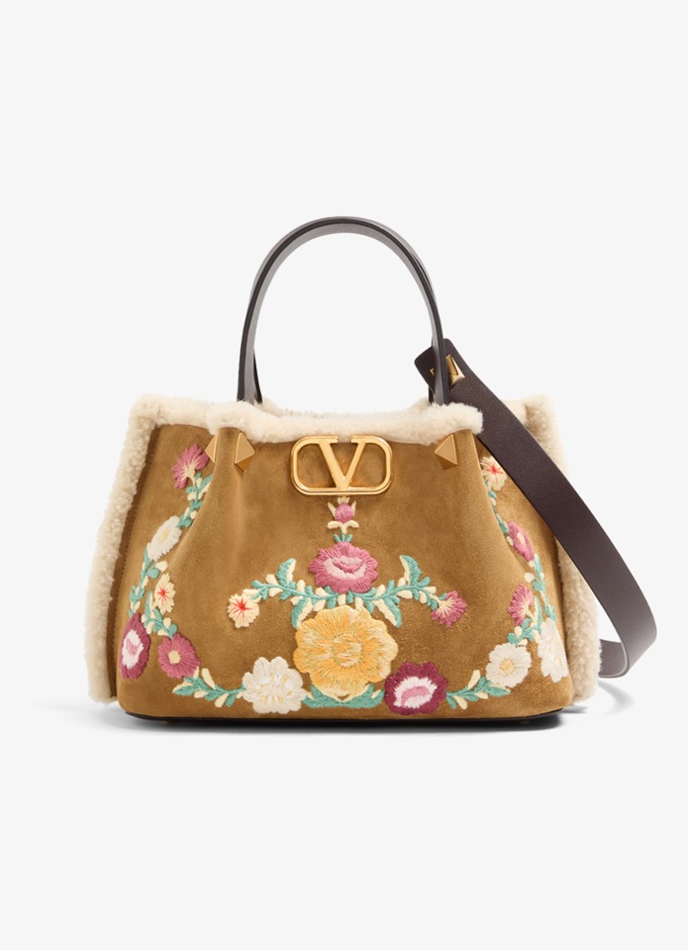 Valentino Garavani Dames Shopper van kalfssuède met bloemborduring in de kleur Camel