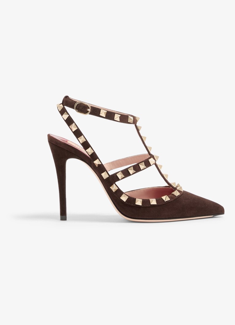 Valentino Garavani Dames Rockstud sandalette van geitensuède met studs in de kleur Donkerbruin