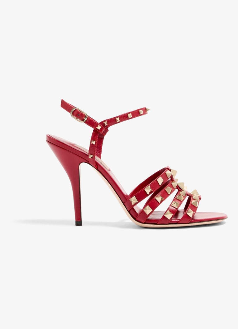 Valentino Garavani Dames Rockstud sandalette van geitenleer met studs in de kleur Rood