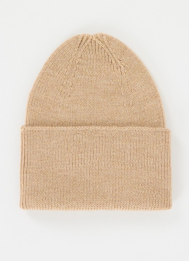 Hvid Meisjes Fonzie grofgebreide muts van merino wol in de kleur Beige, maat: NEWBORN