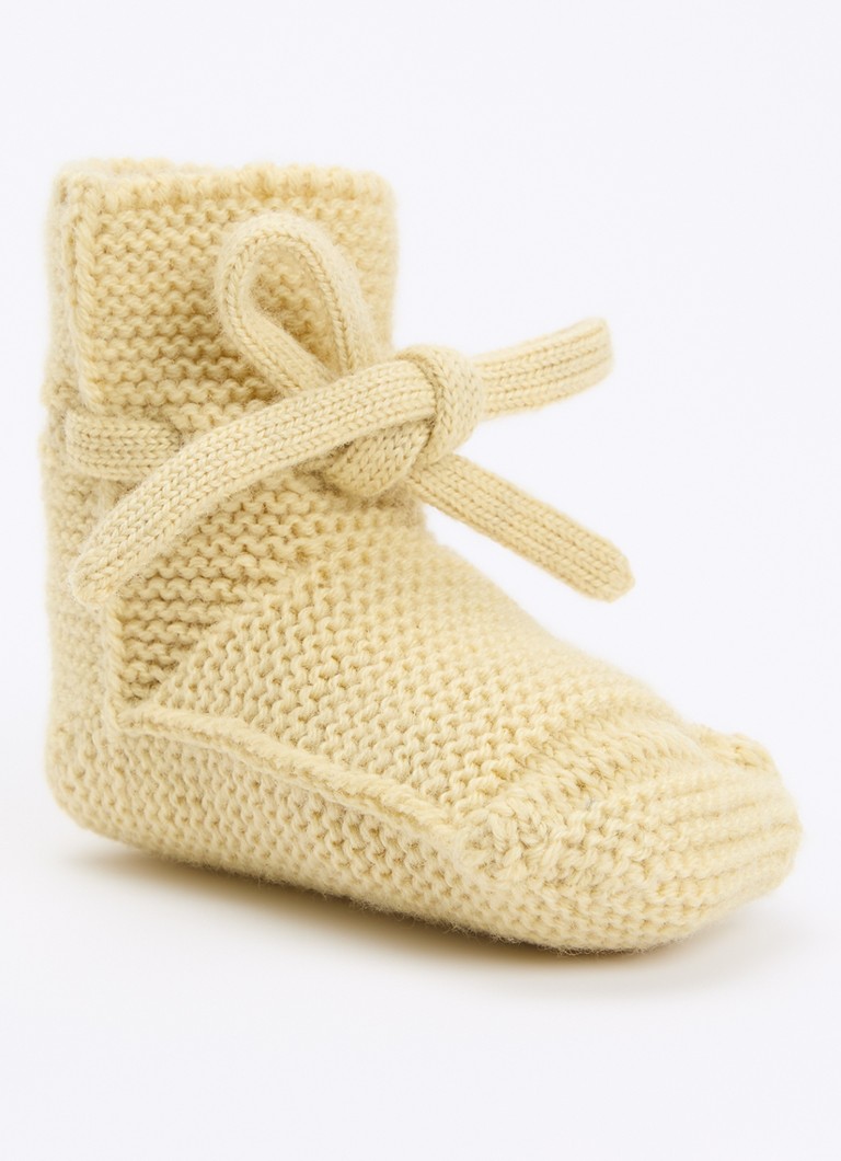 Hvid Jongens Babyslofjes van merino wol in de kleur Vanillegeel, maat: 9-15M