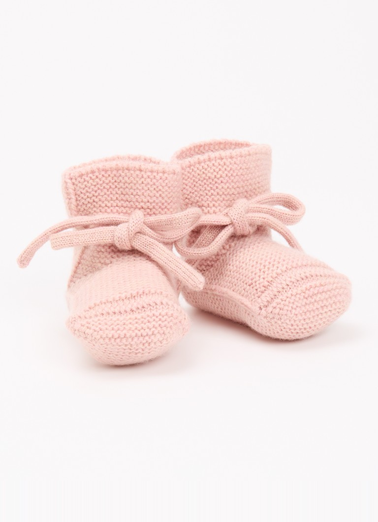 Hvid Jongens Babyslofjes van merino wol in de kleur Zalmroze, maat: 9-15M
