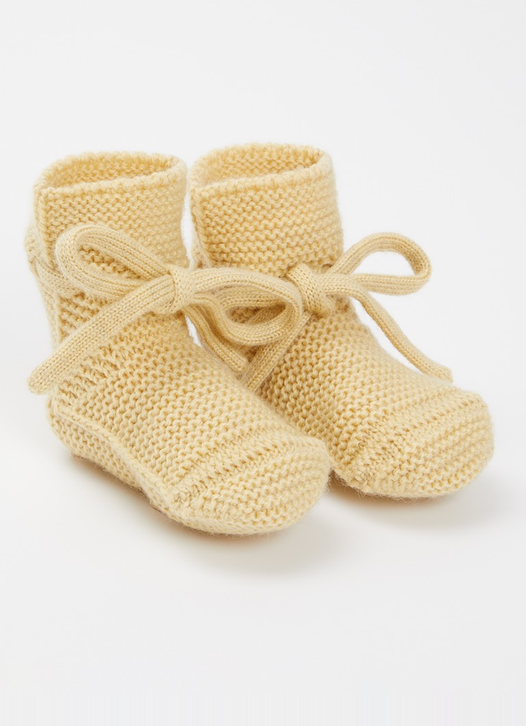 Hvid Meisjes Babyslofjes van merino wol in de kleur Lichtgeel, maat: 0-9M