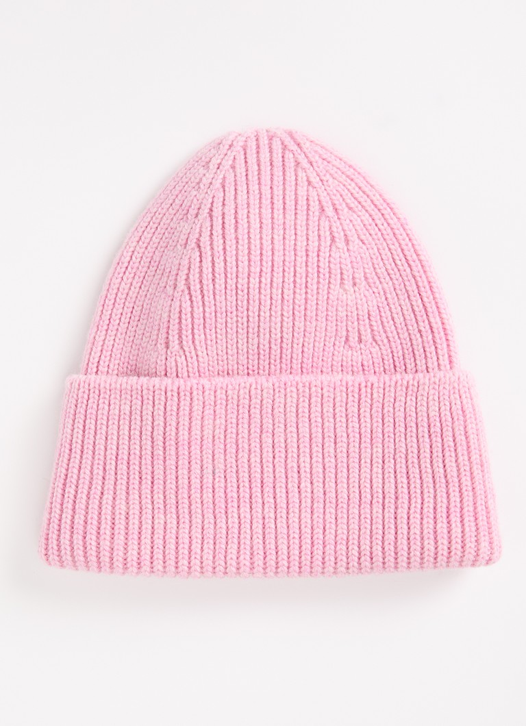 Hvid Meisjes Fonzie grofgebreide muts van merino wol in de kleur Roze, maat: 4-18M