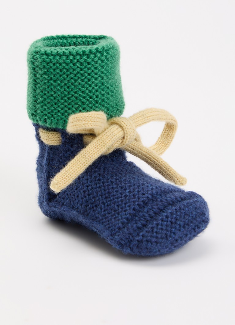 Hvid Jongens Babyslofjes van merino wol in de kleur Blauw, maat: 0-9M