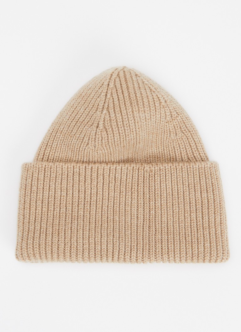 Hvid Jongens Fonzie ribgebreide muts van merino wol in de kleur Beige, maat: 4-18m