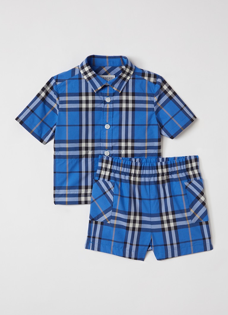 Burberry Jongens Carey set van overhemd en korte broek in giftbox 2-delig in de kleur Blauw, maat: 12M=80