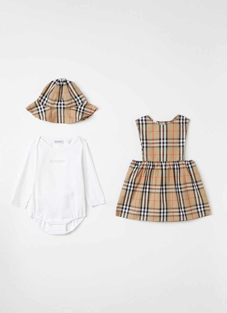 Burberry Meisjes Halima set van jurk met romper en hoed in giftbox 3-delig in de kleur Camel, maat: 3M=62