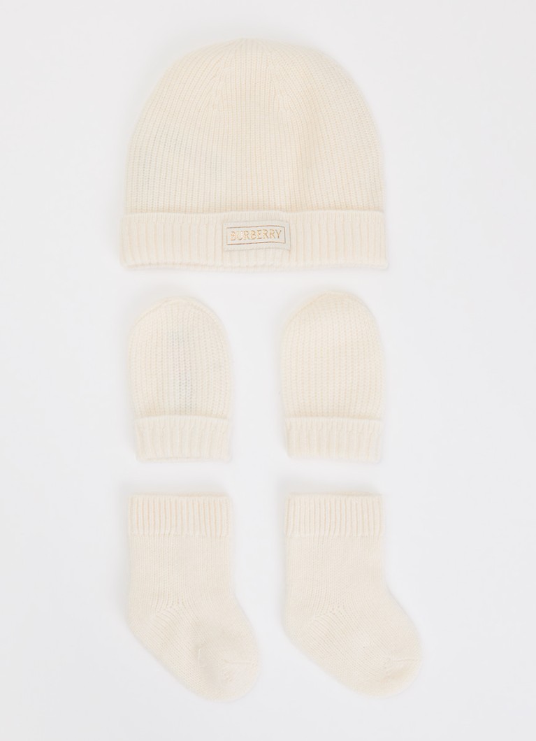 Burberry Meisjes N7 set van muts met handschoenen en sokken van kasjmier in de kleur Ivoor, maat: 1M-3M=56-62