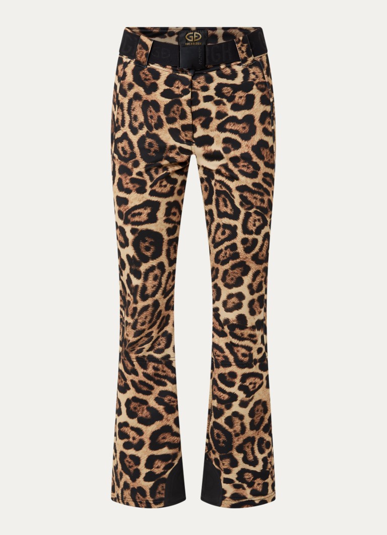 Goldbergh Dames Minou high waist flared fit skibroek met panterprint in de kleur Bruin, maat: 42