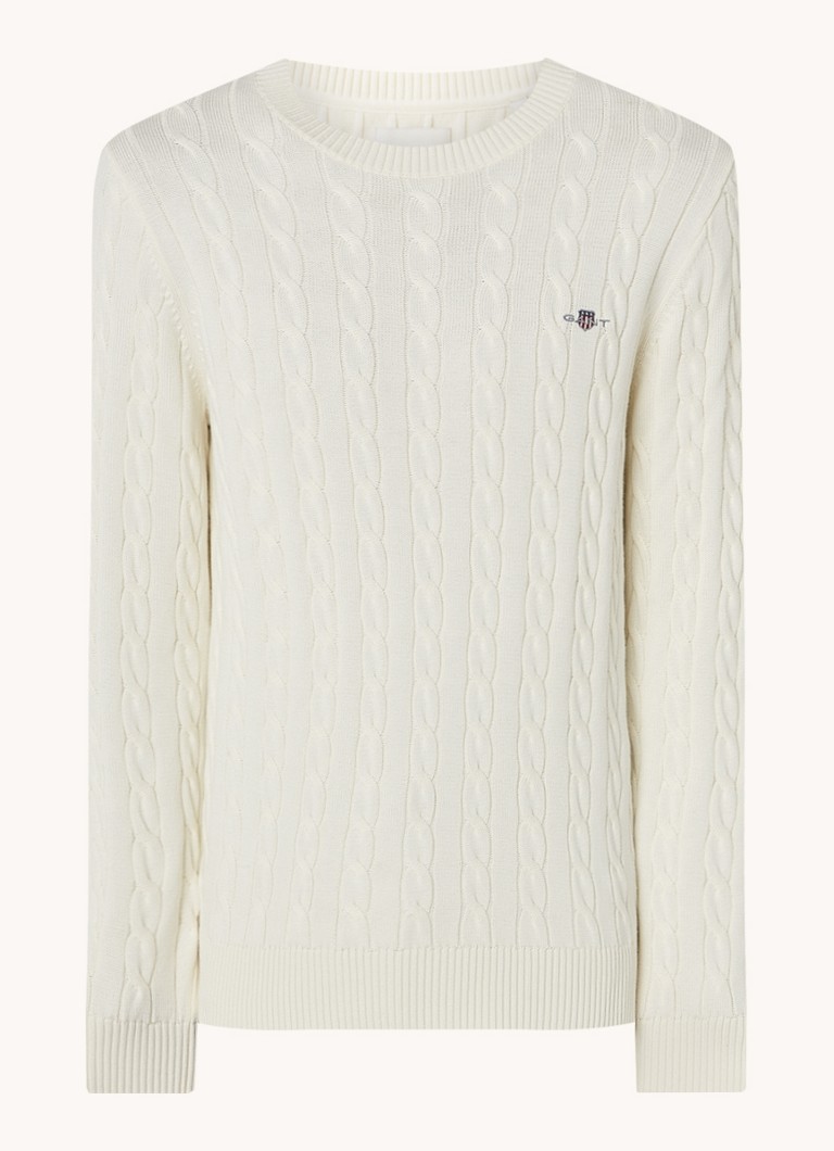 Gant Heren Kabelgebreide trui met logoborduring in de kleur Creme, maat: XXL