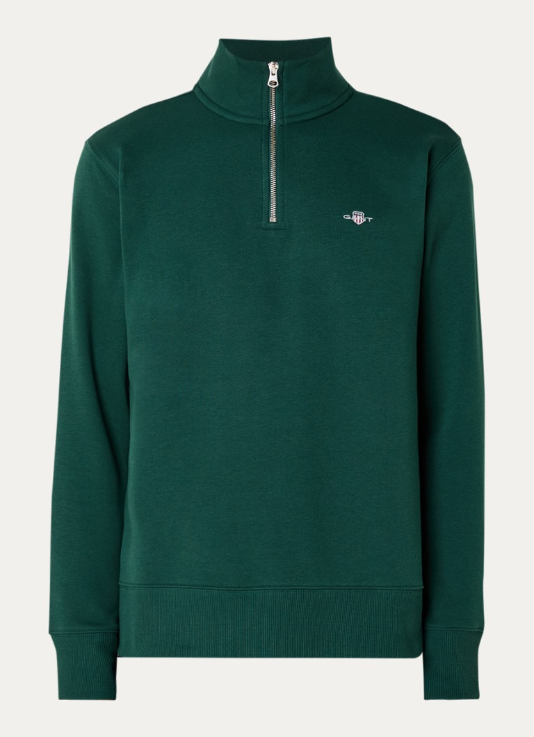 Gant Heren Sweater met halve rits en logoborduring in de kleur Legergroen, maat: L