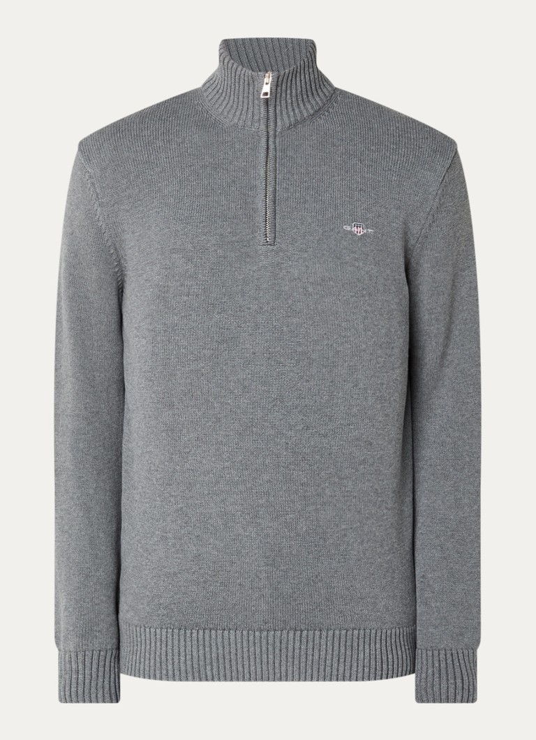Gant Heren Fijngebreide trui met halve rits en logo in de kleur Grijs, maat: XXL