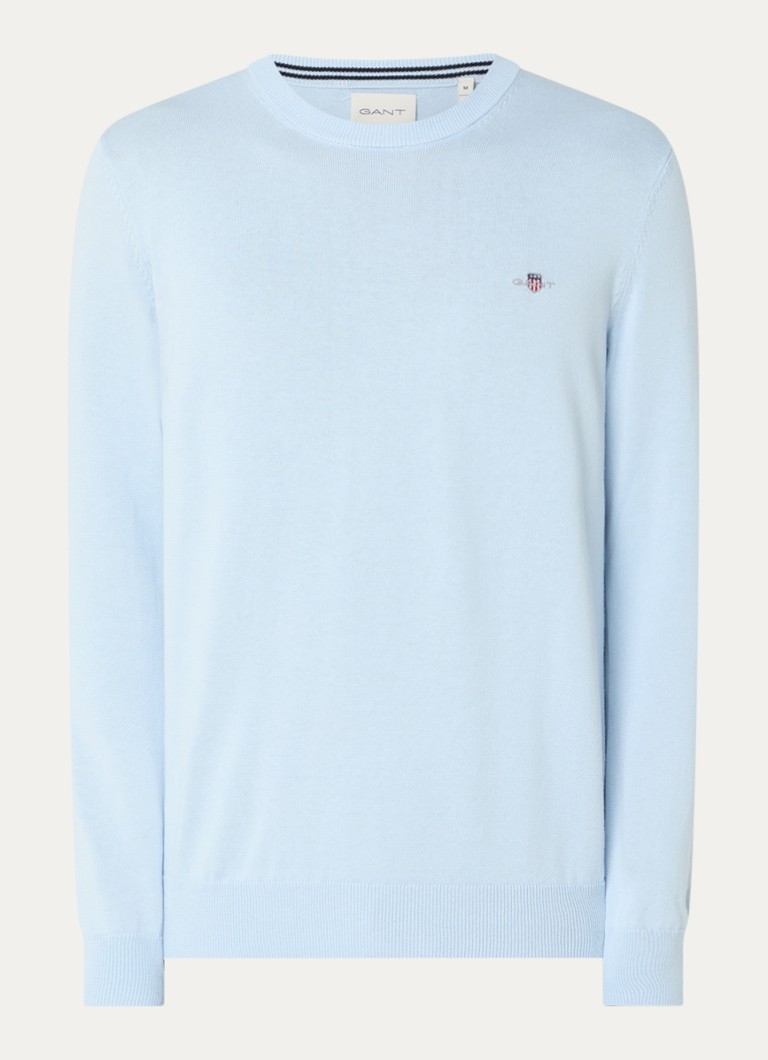 Gant Heren Fijngebreide pullover met logo in de kleur Lichtblauw, maat: S