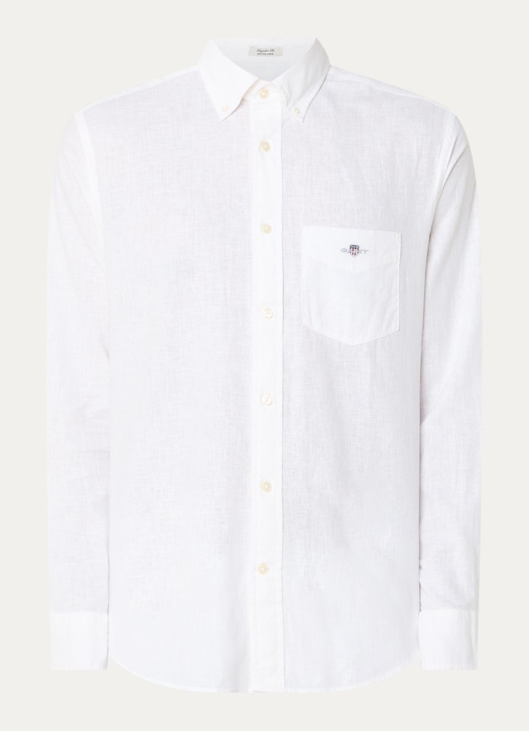 Gant Heren Regular fit overhemd in linnenblend met logoborduring in de kleur Wit, maat: S