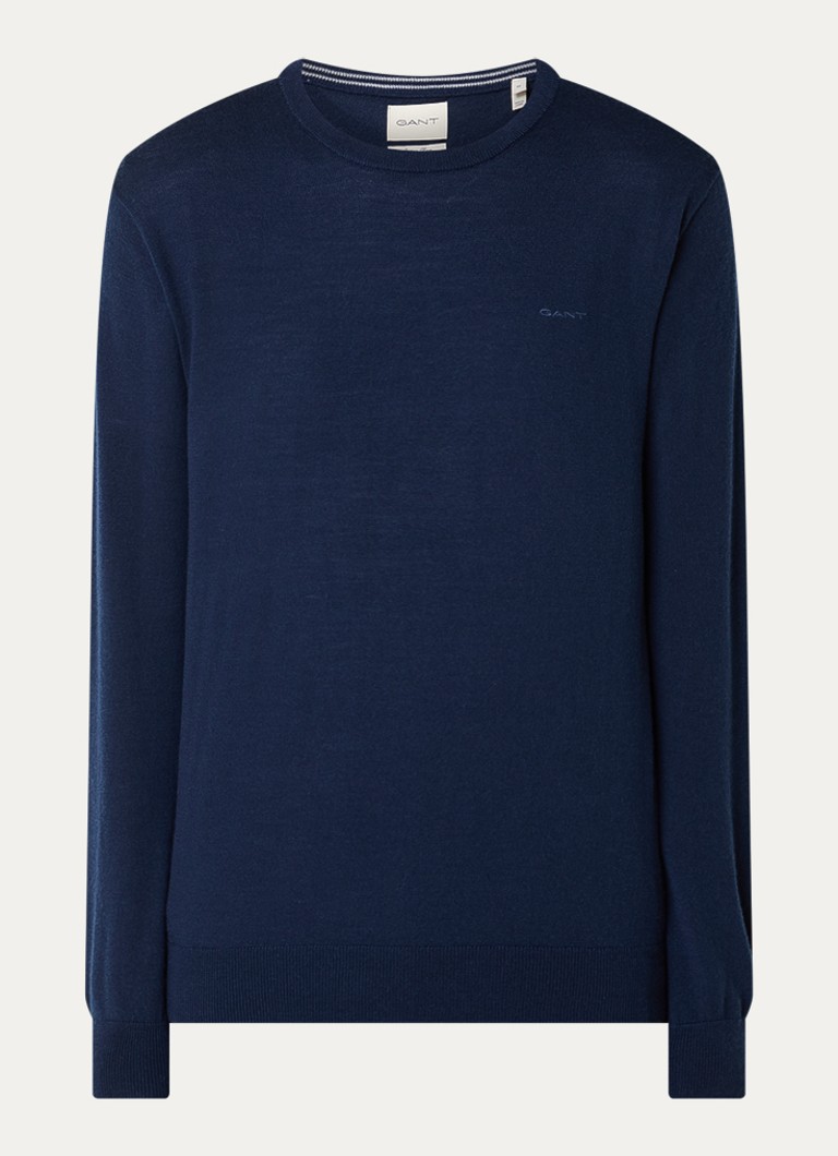 Gant Heren Fijngebreide pullover van merino wol in de kleur Donkerblauw, maat: M