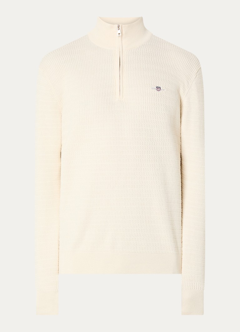 Gant Heren Fijngebreide trui met halve rits en logoborduring in de kleur Creme, maat: XL