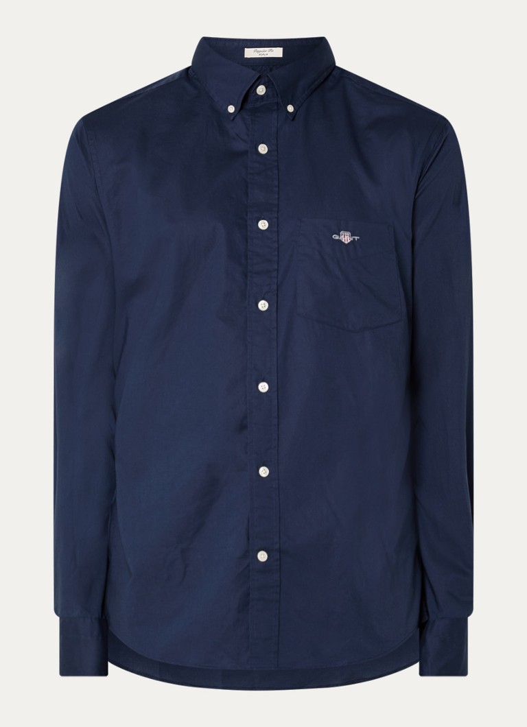 Gant Heren Regular fit overhemd met logoborduring in de kleur Donkerblauw, maat: L