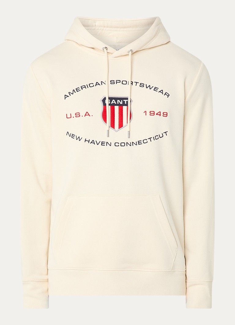 Gant Heren Hoodie met logoborduring in de kleur Creme, maat: M