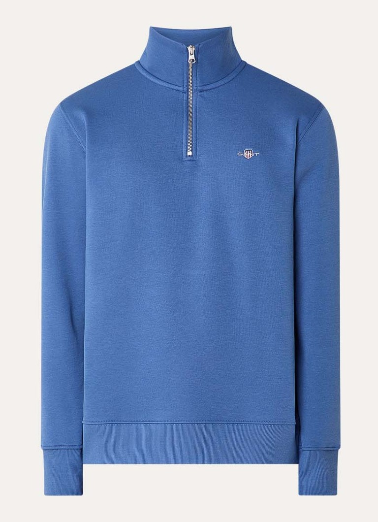 Gant Heren Sweater met logo en halve rits in de kleur Indigo, maat: S