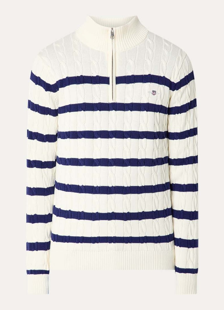 Gant Heren Kabelgebreide trui met streepprint en logo in de kleur Gebroken wit, maat: L