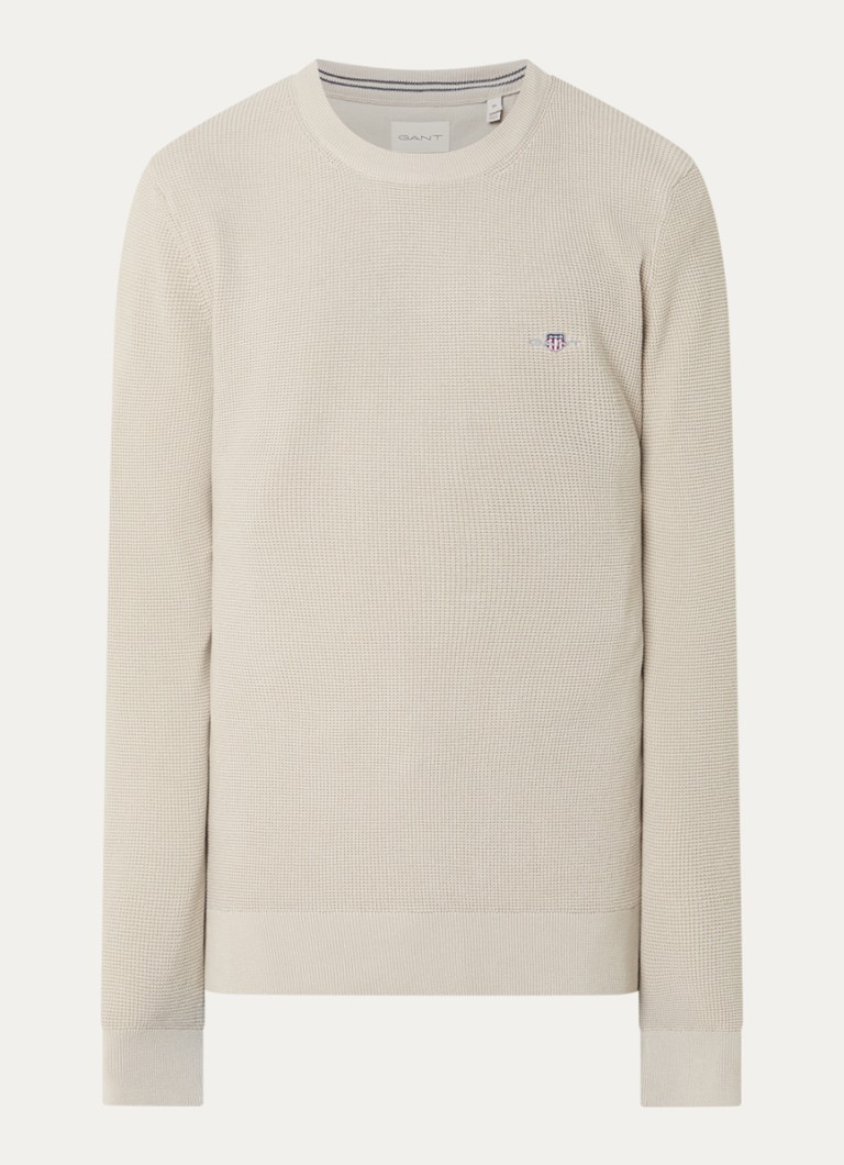 Gant Heren Grofgebreide trui met logo in de kleur Beige, maat: XXL