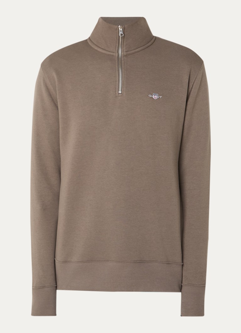Gant Heren Shield sweater met halve rits en logo in de kleur Bruin, maat: XXXL