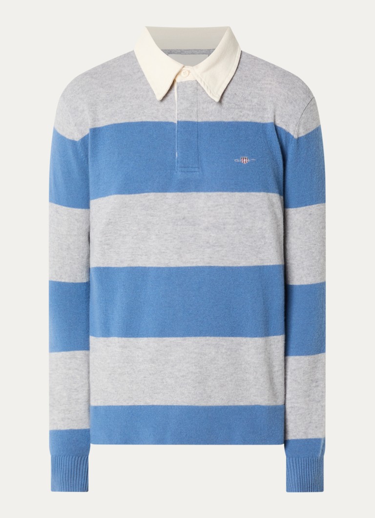 Gant Heren Fijngebreide regular fit polo van wol met streepprint in de kleur Grijsmele, maat: XXXL