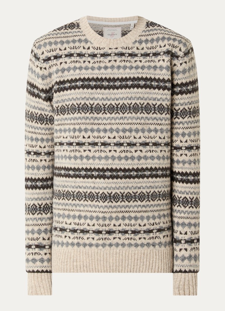 Gant Heren Fijngebreide trui van wol met grafische print in de kleur Beige, maat: M