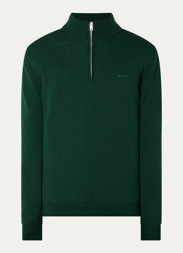 Gant Heren Fijngebreide pullover in wolblend met halve rits in de kleur Donkergroen, maat: XXL