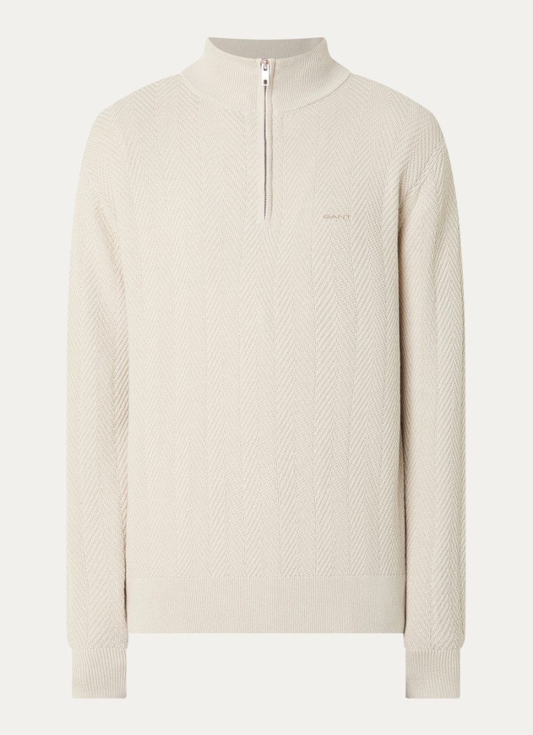 Gant Heren Trui met logo en halve rits in de kleur Beige, maat: XXXL