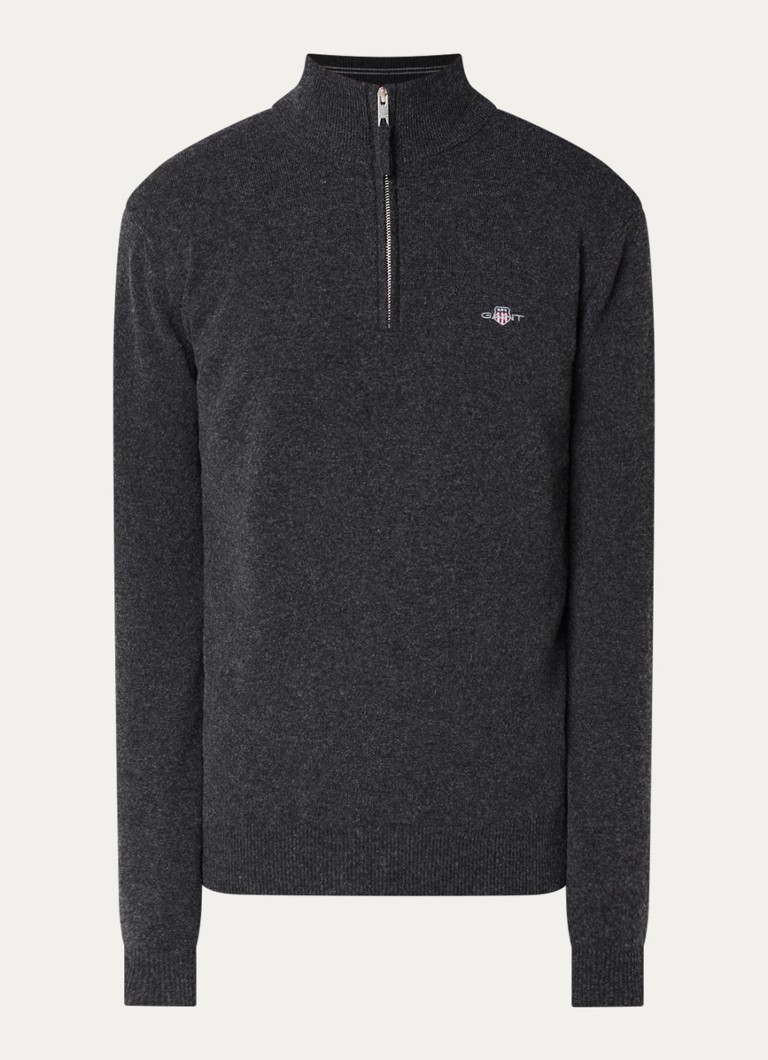 Gant Heren Fijngebreide pullover van wol met halve rits in de kleur Antraciet, maat: XXXL