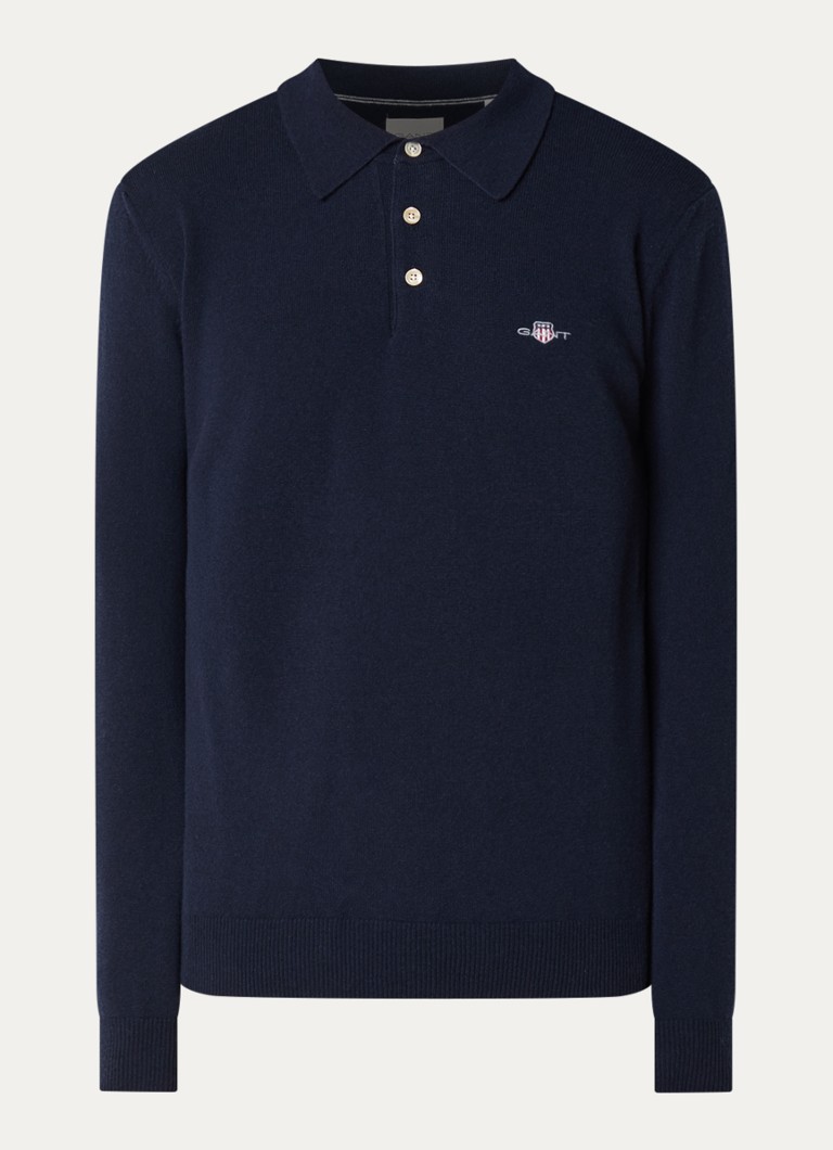 Gant Heren Fijngebreide pullover van lamswol met logoborduring in de kleur Donkerblauw, maat: XXXL