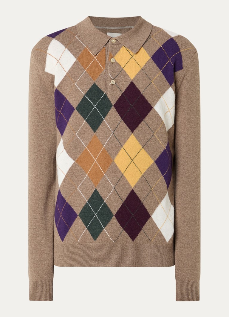 Gant Heren Fijngebreide pullover van wol met kraag in de kleur Donkerbeige, maat: L
