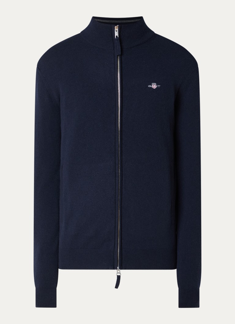 Gant Heren Fijngebreide pullover van lamswol met logoborduring in de kleur Donkerblauw, maat: XXXL