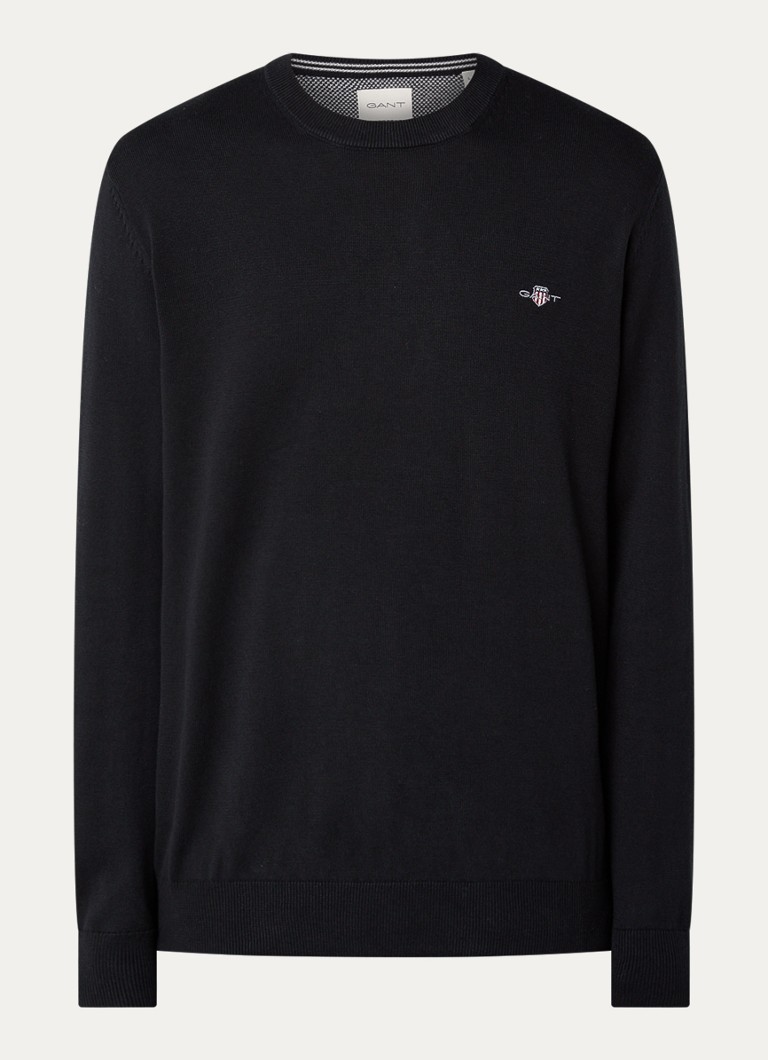 Gant Heren Fijngebreide pullover met logoborduring in de kleur Zwart, maat: S