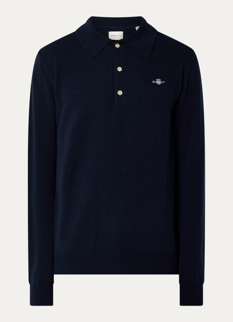 Gant Heren Fijngebreide pullover met polokraag en logoborduring in de kleur Donkerblauw, maat: M