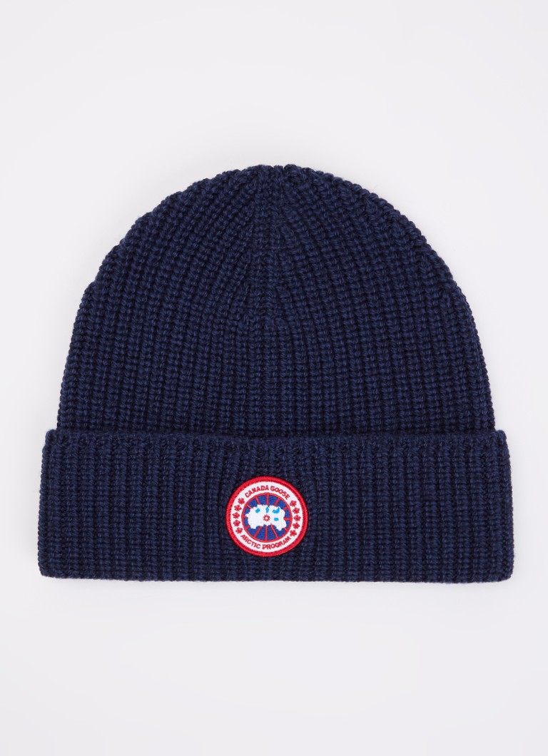 Canada Goose Heren Ribgebreide muts van wol met logo in de kleur Donkerblauw, maat: OS