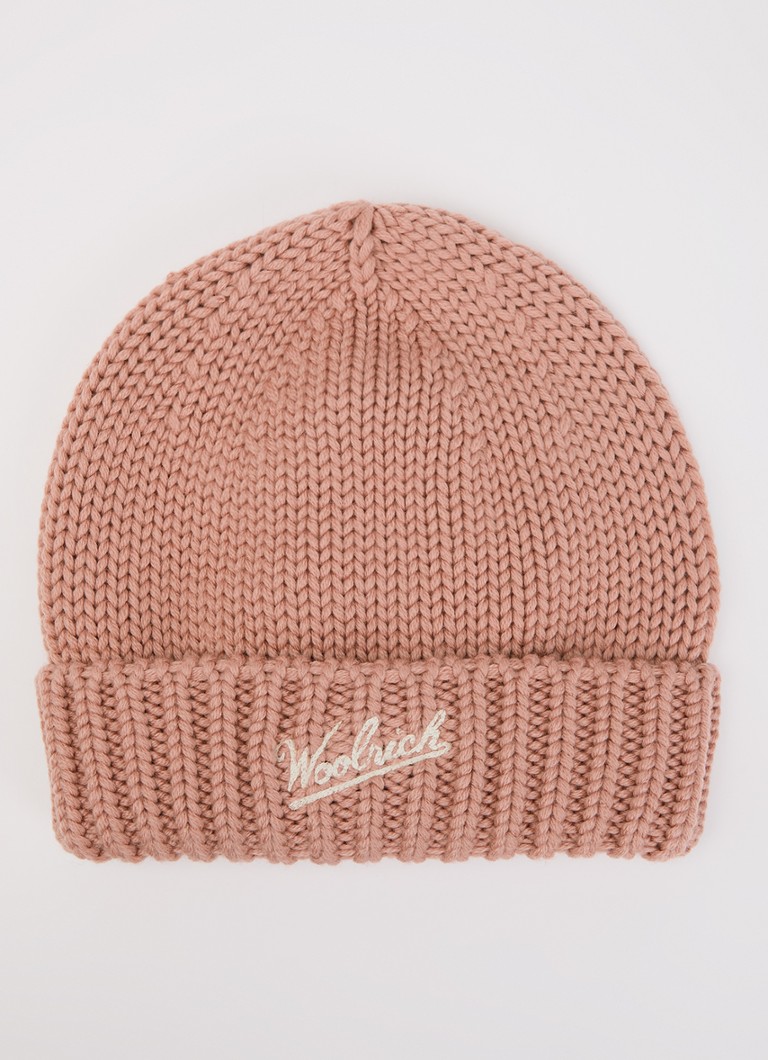 Woolrich Meisjes Grofgebreide muts van scheerwol met logoborduring in de kleur Zalmroze, maat: S