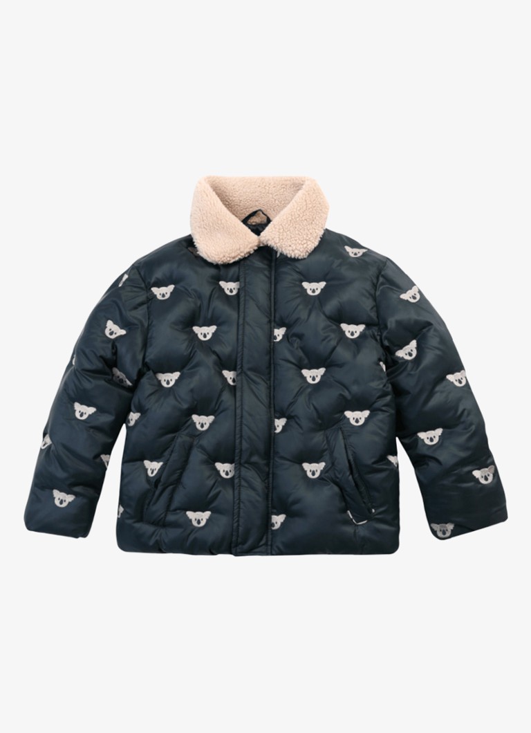 Donsje Amsterdam Jongens Florus gewatteerd jack met print in de kleur Blauw, maat: 18-24M