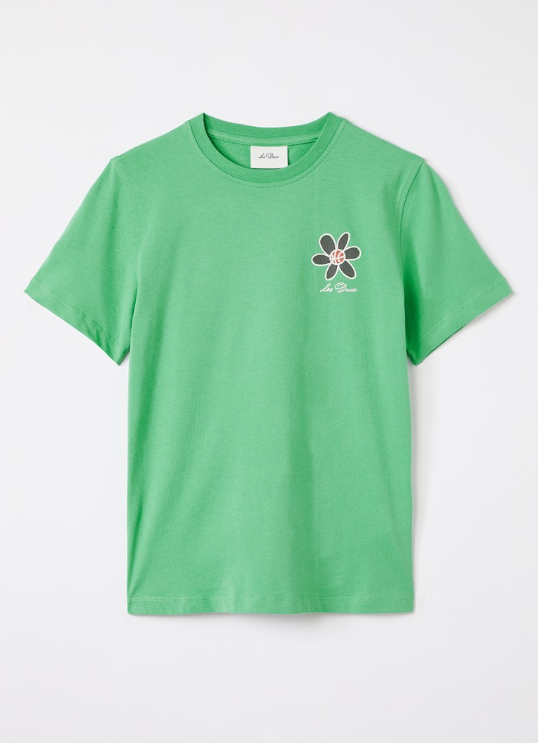 Les Deux Jongens Flower T-shirt met logo- en backprint in de kleur Lichtgroen, maat: 140
