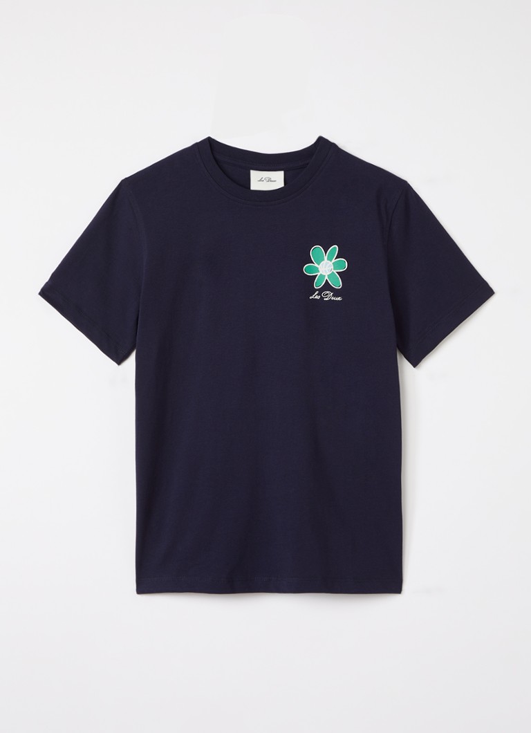 Les Deux Jongens Flower T-shirt met logo- en backprint in de kleur Donkerblauw, maat: 152