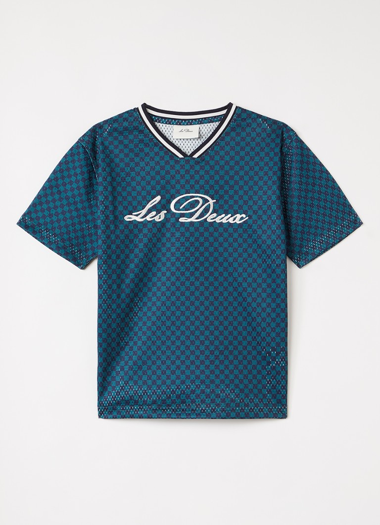 Les Deux Jongens T-shirt van mesh met ruitdessin en logoborduring in de kleur Groen, maat: 164