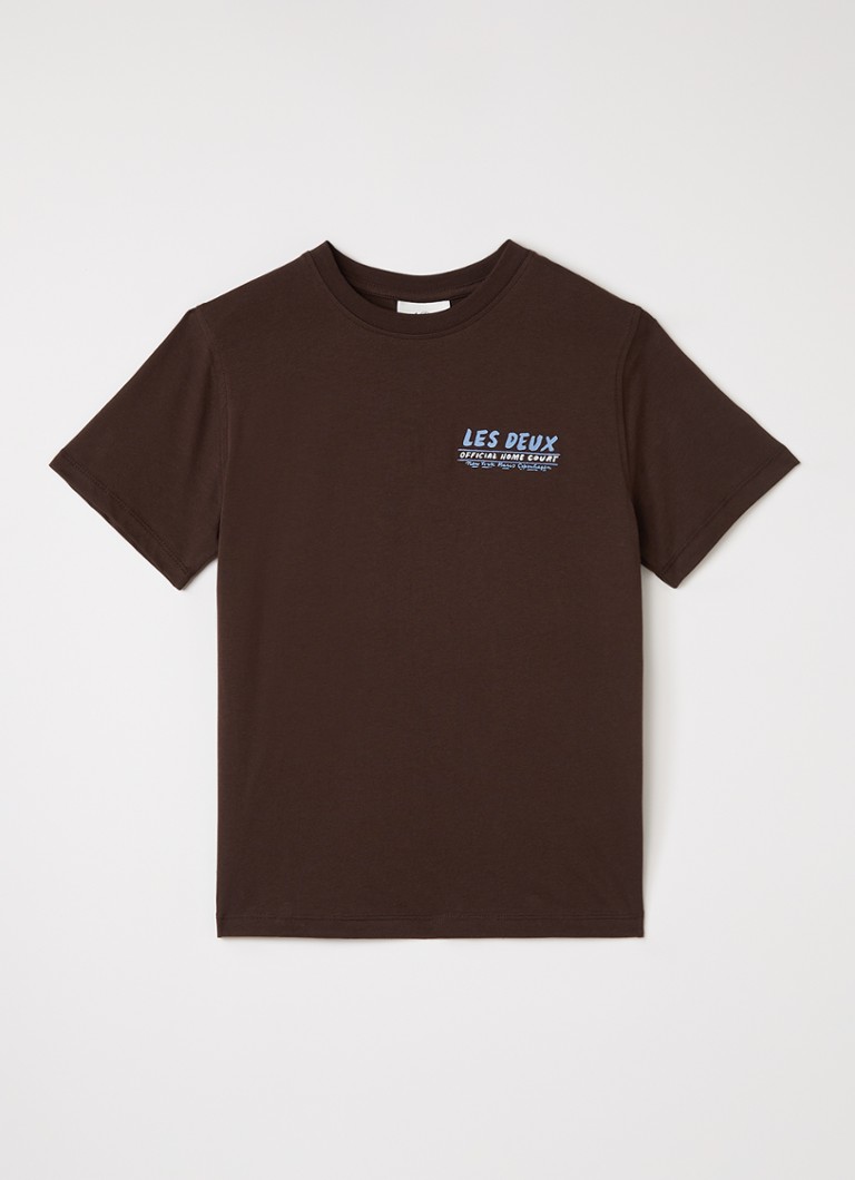 Les Deux Jongens T-shirt met logo- en backprint in de kleur Bruin, maat: 152