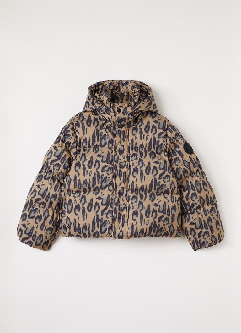 Stella McCartney Meisjes Puffer jack met panterprint in de kleur Lichtbruin, maat: 14J=164